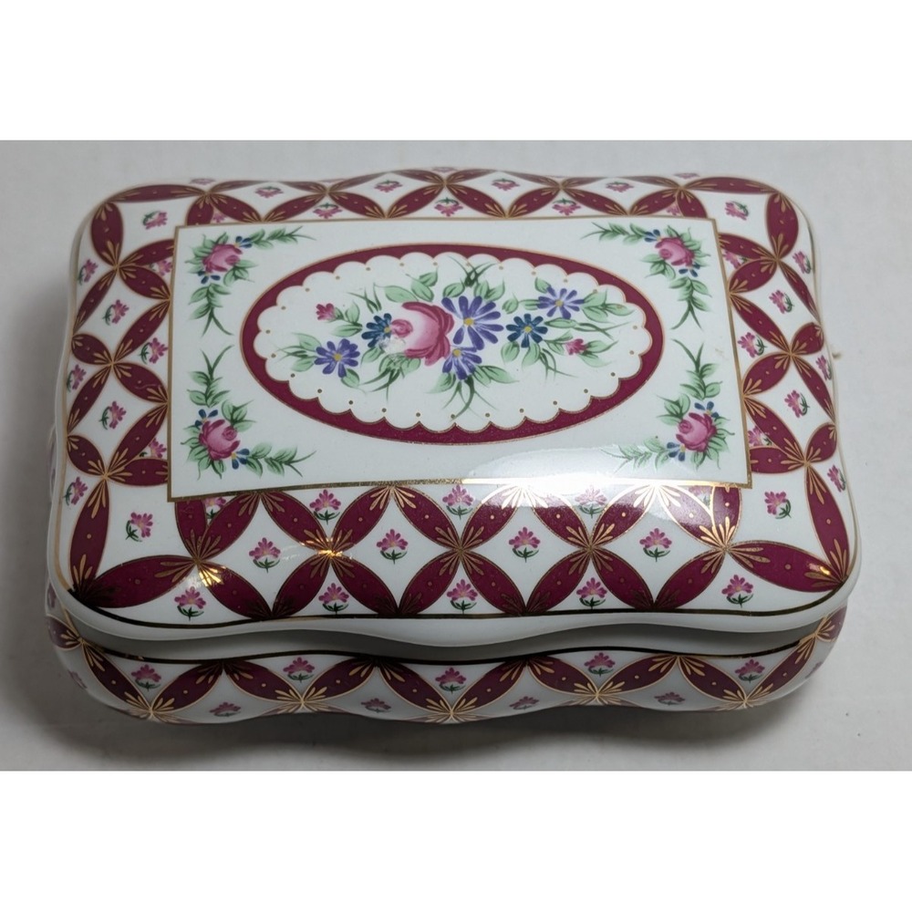 Porcelain Keepsake Trinket Box - Design 2003 Limited Edition Floral Red EUC